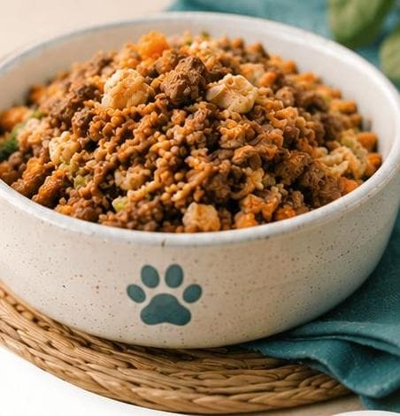 A bowl of Paw-a-licious homemade dog food on a woven mat