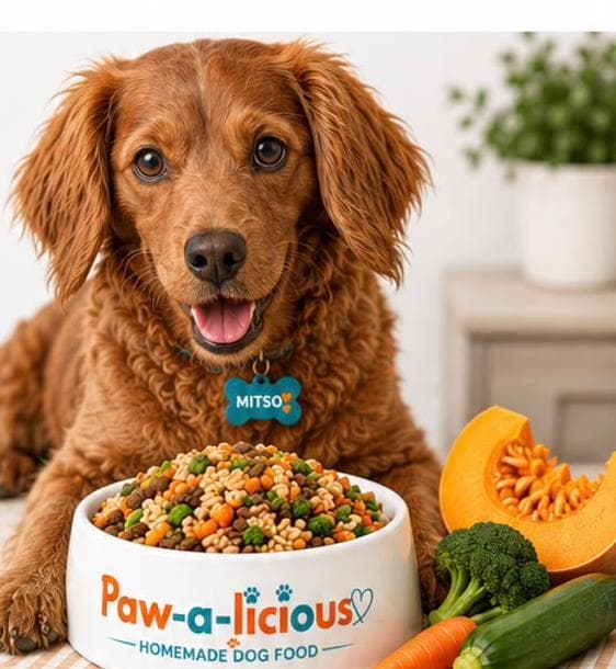 Mitso, our head taste-tester, with a bowl of Paw-a-licious homemade dog food