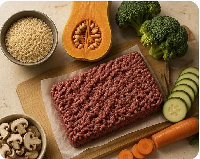 Fresh sweet potato, mushrooms, broccoli, cucumber and carrot alongside real beef