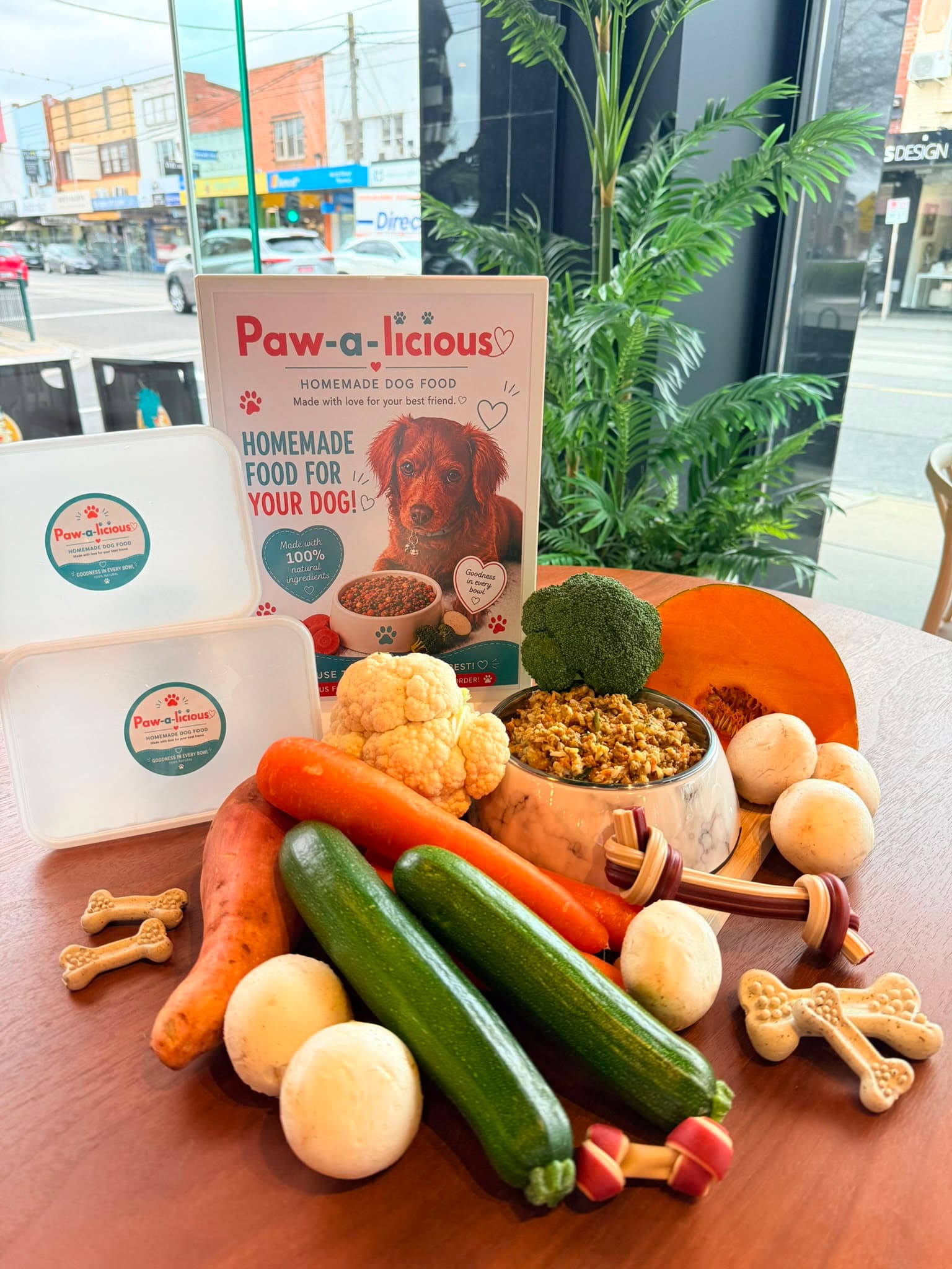 Paw-a-licious staged in front of a Melbourne shopfront window, street visible outside